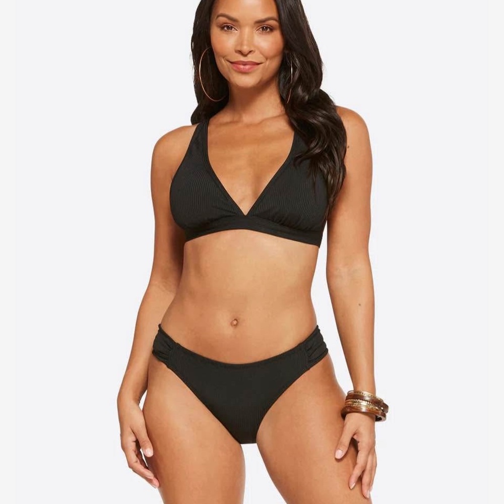 Jessica Simpson Textured Solid Black Shirred Hipster Bikini Bottom